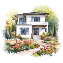 Modern two-story home with landscaped walkway and colorful garden