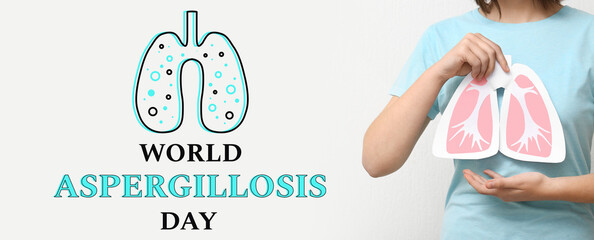 Woman with paper lungs on light background. Banner for World Aspergillosis Day