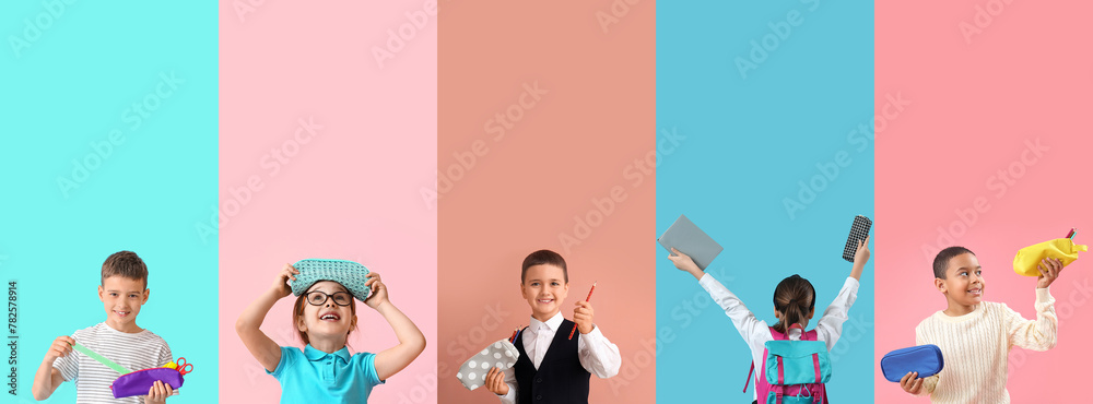 Canvas Prints Set of little students with pencil cases on color background