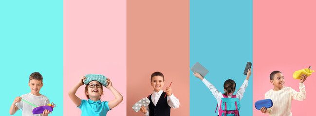 Set of little students with pencil cases on color background