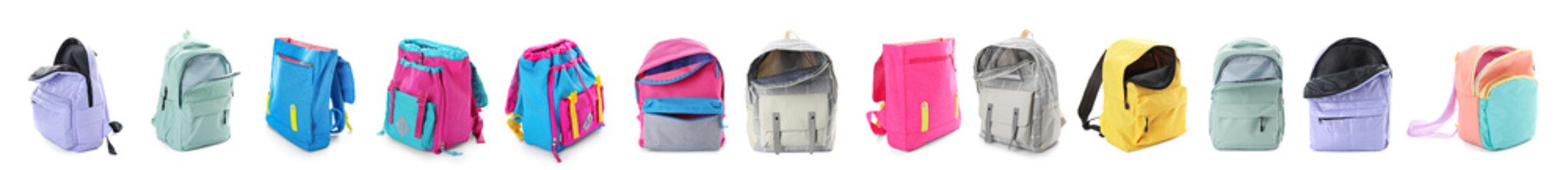 Set of many school backpacks on white background