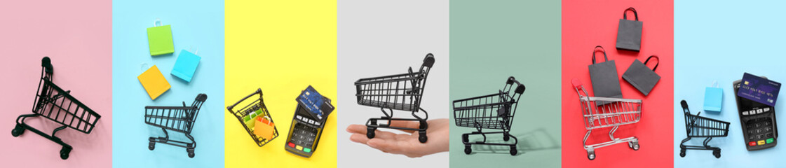 Collage with many small shopping carts on color background. Black Friday sale