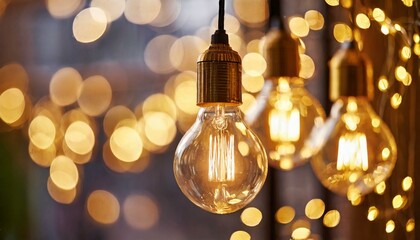 Closeup of hanging modern LED light bulbs with blurry bokeh background. Warm lighting, nice, cozy...