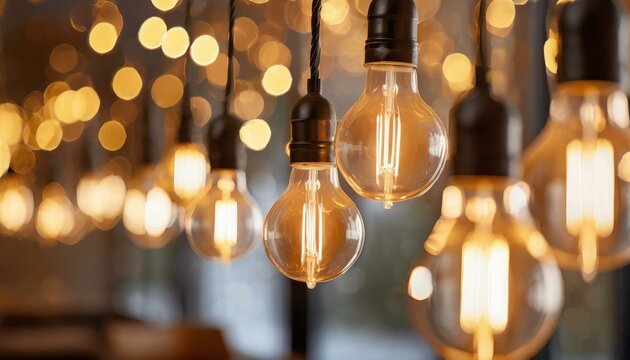 Closeup of hanging modern LED light bulbs with blurry bokeh background. Warm lighting, nice, cozy atmosphere, evening time
