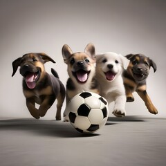 A group of puppies playing with a soccer ball, running around in circles5 - obrazy, fototapety, plakaty