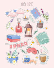 Cozy home stickers with cute, coziness things and objects for home interior.
