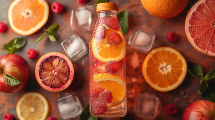 Healthy drink in stylish bottle with fruit slices and ice cubes colourful background. Summer drinks. Fresh concept. Summer concept. Fruits concept. - obrazy, fototapety, plakaty
