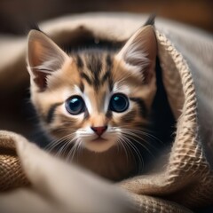 A curious kitten with big eyes, peeking out from under a pile of blankets1