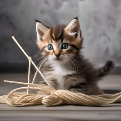 Fotobehang A playful kitten with a ball of yarn, tangled up in the threads3 © Ai.Art.Creations