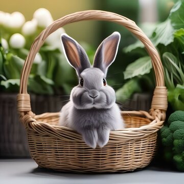 A fluffy gray bunny with long ears, sitting in a basket of fresh vegetables3