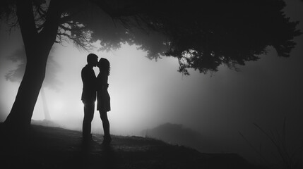 A couple is kissing in the woods