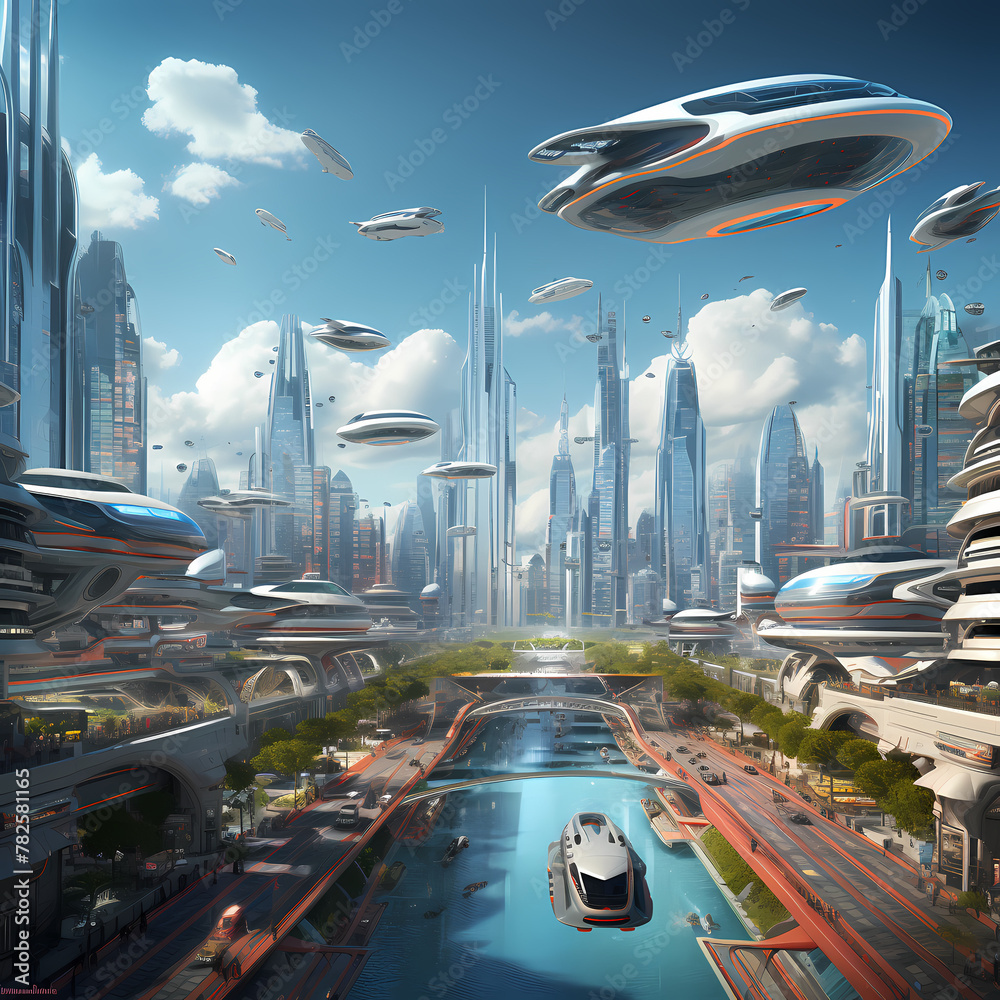 Canvas Prints a futuristic cityscape with flying cars.