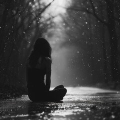 A woman is sitting on the ground in the rain