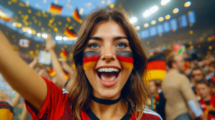Joyful German Woman with National Colors on Her Face at Football Match
