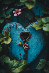 Obraz na płótnie Canvas A blue heart with a keyhole and pink flowers on it