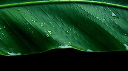 dew on dark green banana leaf background