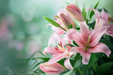 Fototapeta na wymiar Lush Pink Lilies with Soft Bokeh, Beauty in Nature and Floral Perfection, with Copy Space