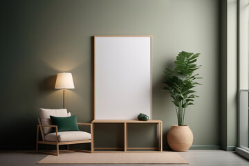 White empty wooden frame mock up,  Decorative marsh color wall with embossed panels. Dark green...