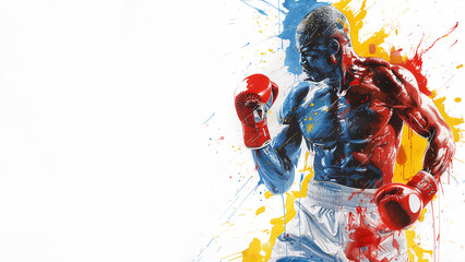 Single continuous line drawing portrait of a professional boxer , splash of yellow, blue and red color, isolated on a white background. Copy space, horizontal 16:9 - obrazy, fototapety, plakaty