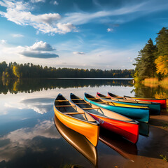 A row of colorful canoes by a calm lake.