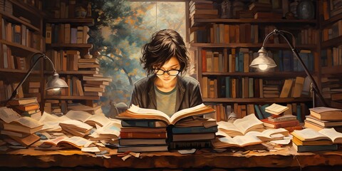 Tsundoku person indoors, concept of Minimalistic design