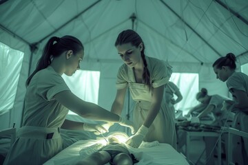 Two women in a tent with one woman tending to another. Generative AI.