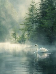 A swan swimming in a lake surrounded by trees and fog. Generative AI.