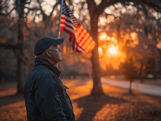 A man standing in the sun with an american flag. Generative AI.