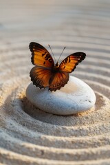 Fototapeta na wymiar A butterfly sitting on a rock in the sand. Generative AI.