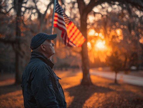 A man standing in the sun with an american flag. Generative AI.