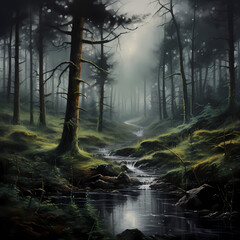 A tranquil forest scene with misty trees.