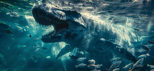 A large dinosaur swimming in the ocean surrounded by fish. Generative AI.
