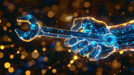 blue digital hand holding wrench  spanner with glowing binary code, AI  in  maintenance management systems, predictive maintenance algorithms, equipment diagnostics, and remote repair assistance.

