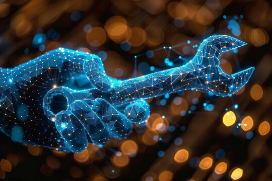 blue digital hand holding wrench  spanner with glowing binary code, AI  in  maintenance management systems, predictive maintenance algorithms, equipment diagnostics, and remote repair assistance.
