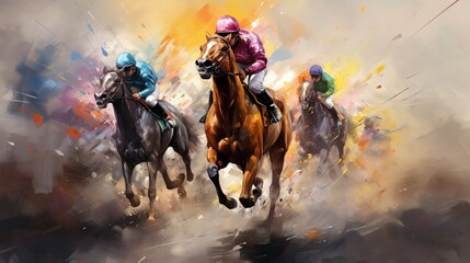 Artistic rendering of horse race with jockeys, vividly captured using energetic splashes of color and movement