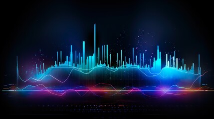 A visual depiction of data analytics using colorful graph lines and bars on a black background, providing a modern, futuristic feel