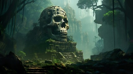 A majestic scene portraying a giant skull-shaped temple amidst a hauntingly beautiful, misty forest, invoking a sense of adventure and mystery