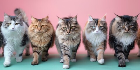 A group of cats are lined up in a row on pink background. Generative AI.