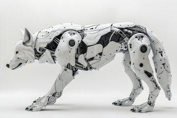 Steel robotic white wolf. Robot with metal body isolated on white background. Futuristic mechanical animal, metal cyborgs. Future and technology concept