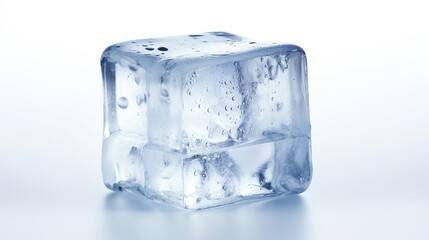 Ideal ice cube with softened edges and transparent appearance on a white backdrop