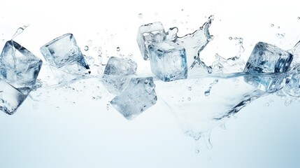 A lively depiction of several ice cubes tumbling through the air, splashing into water, symbolizing...