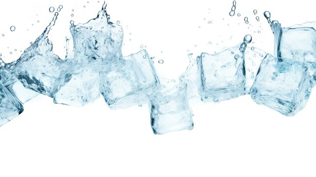 Dynamic capture of ice cubes plunging into water, creating a captivating splash and bubbles