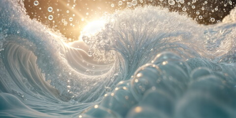 wave is crashing with the sun shining through it and droplets of water in the forefront.