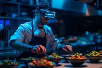 A man in a chef's uniform with goggles on preparing food. Generative AI.