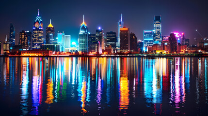 Vibrant Cityscape With Reflections at Night