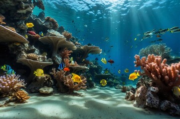 A coral reef with many different types of fish swimming around it. Generative AI.