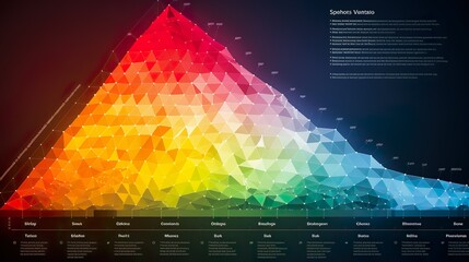 A vibrant infographic with triangular segments depicting various data points and scales in a visually appealing manner