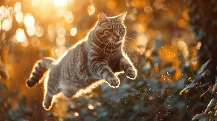 A cat running through the air in front of a tree. Generative AI.