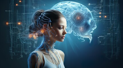 Conceptual image of a woman with cables connected to her head, symbolizing the integration of technology and the human brain
