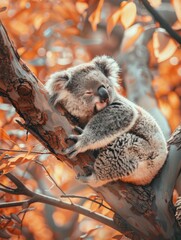 Fototapeta premium A koala bear sleeping on a tree branch in autumn. Generative AI.